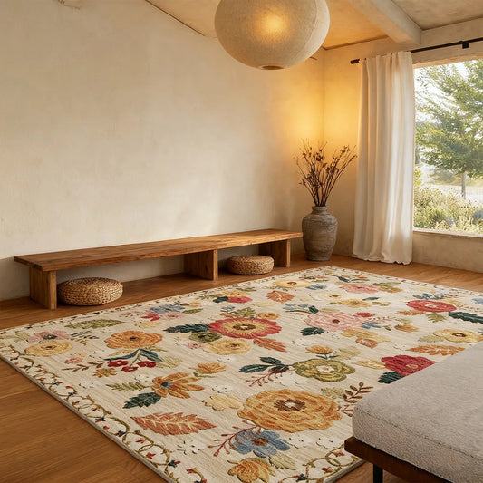 Machine-washable bedroom and living room carpet Vintage floral carpet Soft faux cashmere carpet