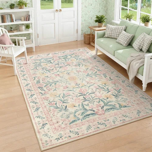 Machine-washable pink carpet Bohemian floral carpet