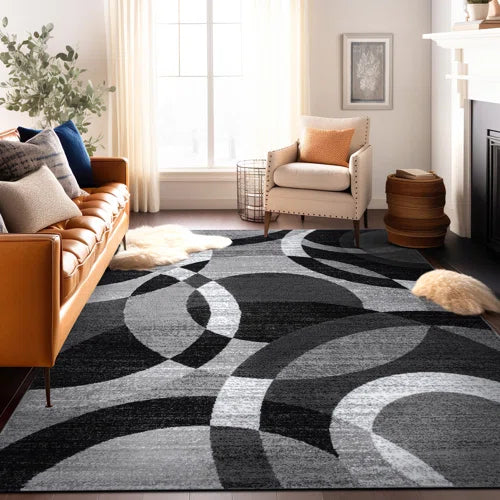 Mehul Woven Geometric Gray/Black/Ivory Area Rug – Modern Abstract Polypropylene Carpet for Living Room, Bedroom, Entryway, or Dining Room