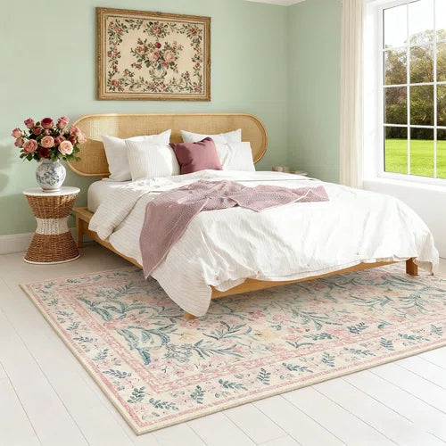 Machine-washable pink carpet Bohemian floral carpet