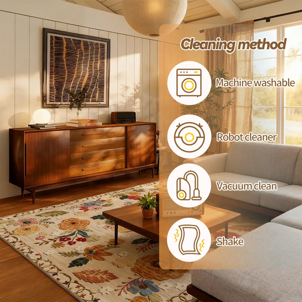 Machine-washable bedroom and living room carpet Vintage floral carpet Soft faux cashmere carpet