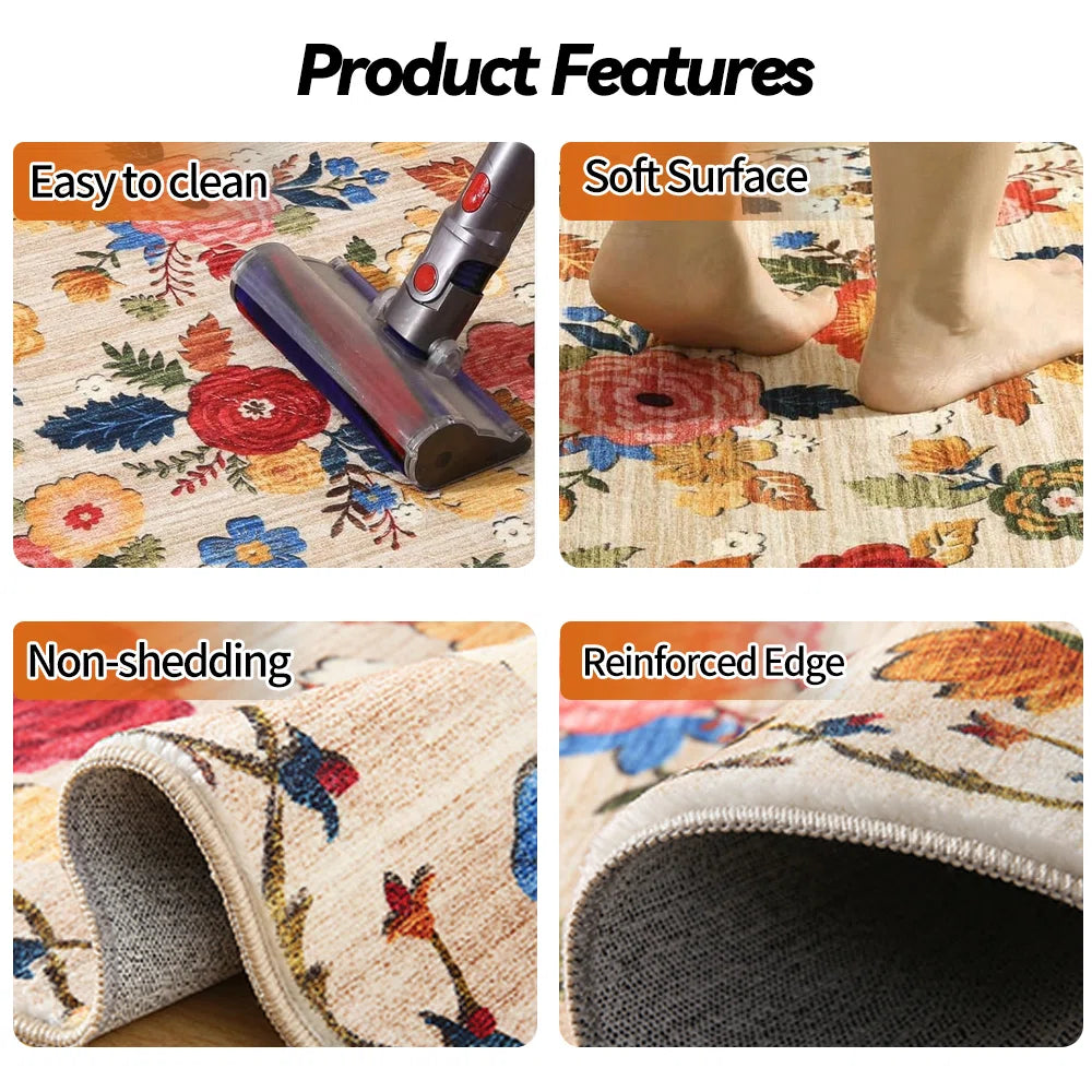 Machine-washable bedroom and living room carpet Vintage floral carpet Soft faux cashmere carpet