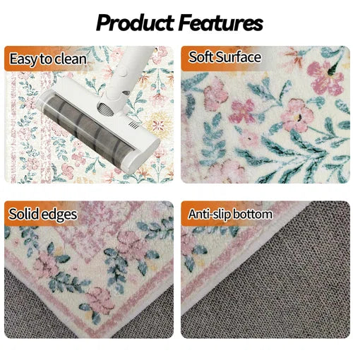 Machine-washable pink carpet Bohemian floral carpet