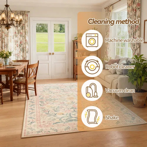 Machine-washable pink carpet Bohemian floral carpet