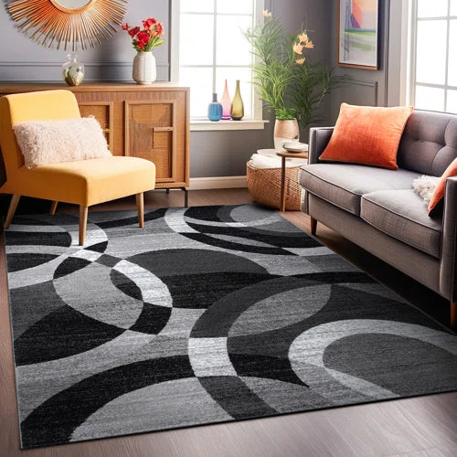 Mehul Woven Geometric Gray/Black/Ivory Area Rug – Modern Abstract Polypropylene Carpet for Living Room, Bedroom, Entryway, or Dining Room